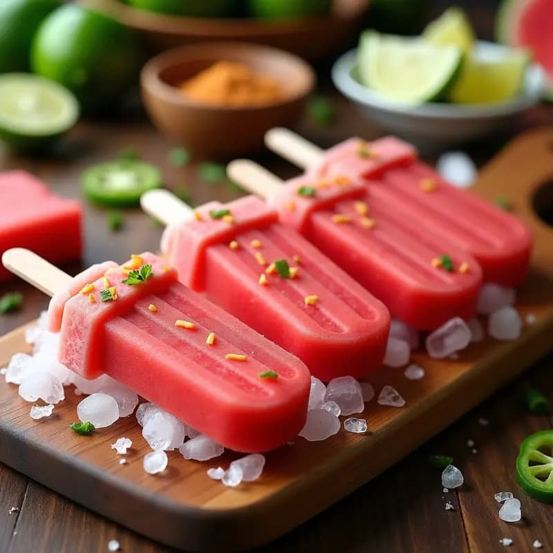 Paletas de Sandía y Jalapeño con Cubierta de Tajín y Lima: Helado Mexicano Picante Sin Azúcar