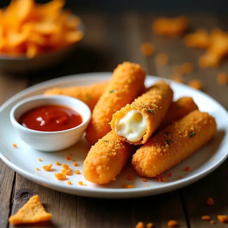 Palitos de Mozzarella Fritos Empanizados con Doritos Triturados y Salsa Marinara: Crujientes, Elásticos y Adictivos