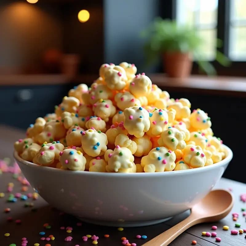Palomitas de Maíz Bañadas en Chocolate Blanco y Rainbow Sprinkles: Snack de Cine en su Máxima Expresión
