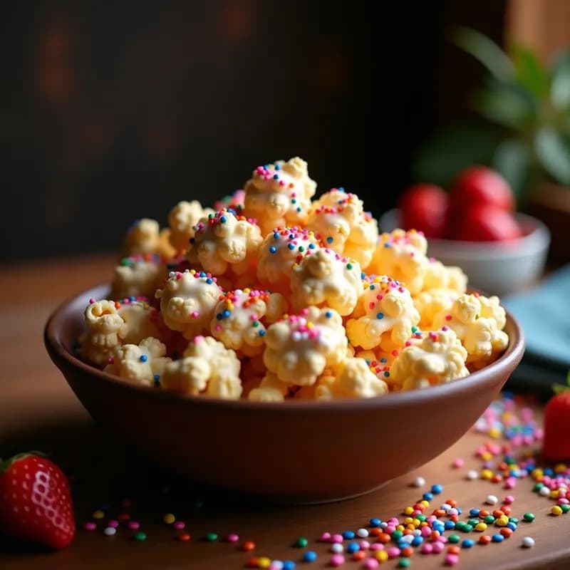 Palomitas de Maíz Bañadas en Chocolate Blanco y Sirope de Fresa con Sprinkles Arcoíris: El Snack Dulce Más Adictivo