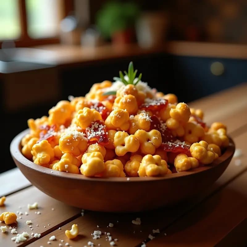Palomitas de Maíz Caramelizadas con Bacon Troceado y Queso Parmesano Rallado