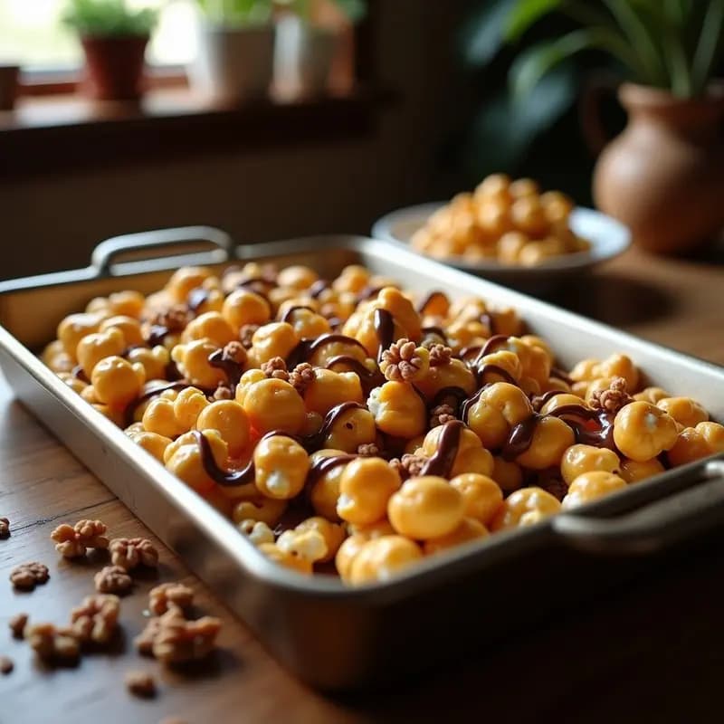 Palomitas de Maíz Caramelizadas con Chroma de Chocolateco y Nueces: Snack Dulce para el Cine en Casa