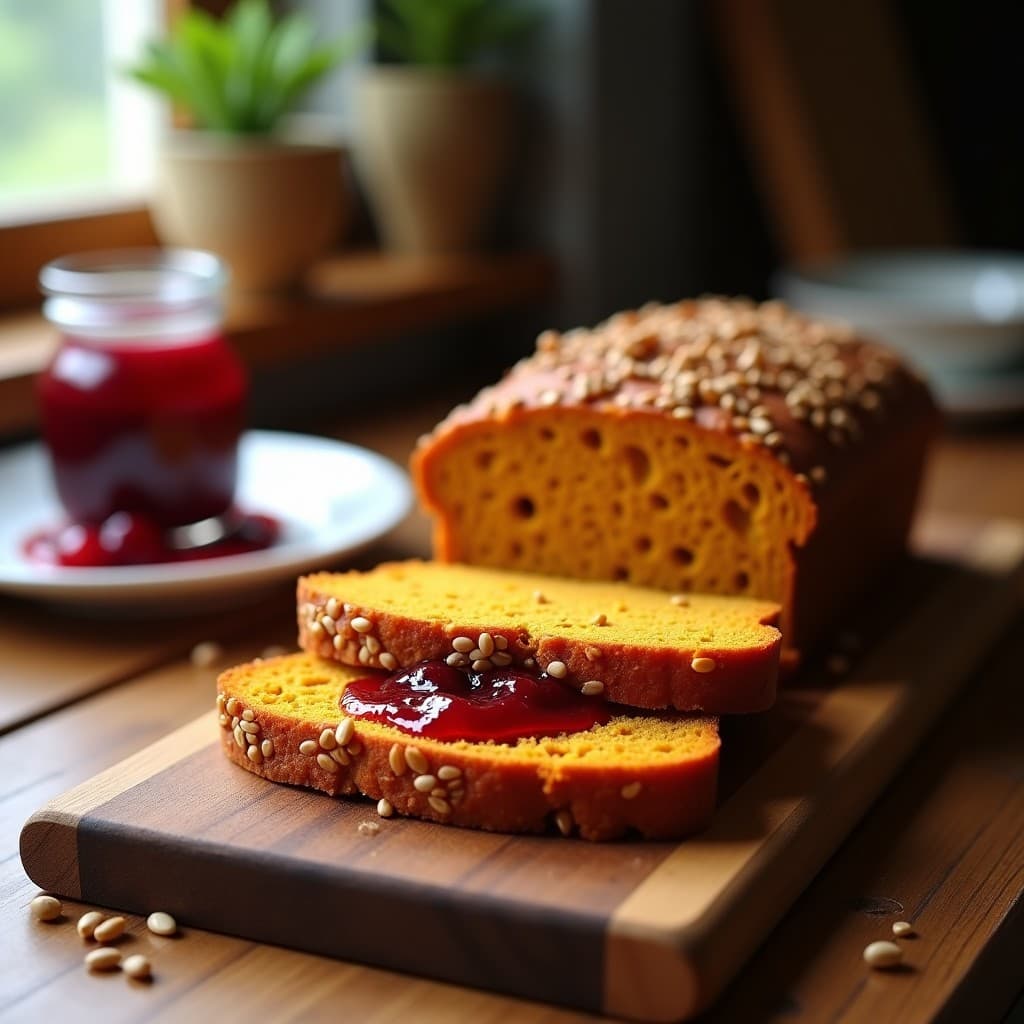 Pan de Calabaza y Semillas de Lino con Mermelada de Arándanos: Desayuno Sin Gluten y Vegano