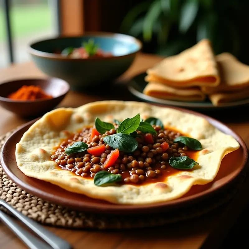 Pan de Injera con Estofado de Lentejas Berbere: Receta Etiopía Vegana y Sin Gluten