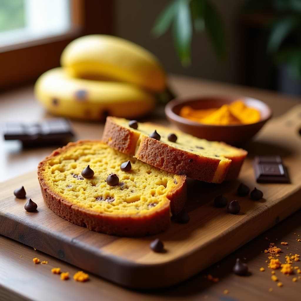 Pan de Plátano y Cúrcuma con Chips de Chocolate 90%: Desayuno Sin Azúcar y Antiinflamatorio