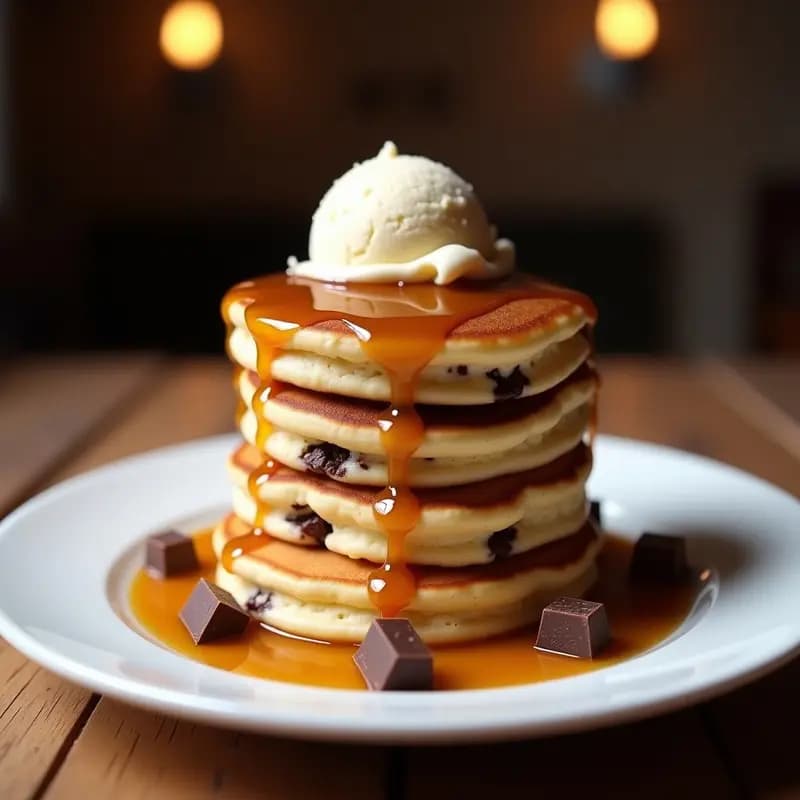 Pancakes de 3 Chocolates con Sirope de Caramelo Salado y Helado: Desayuno de Campeones