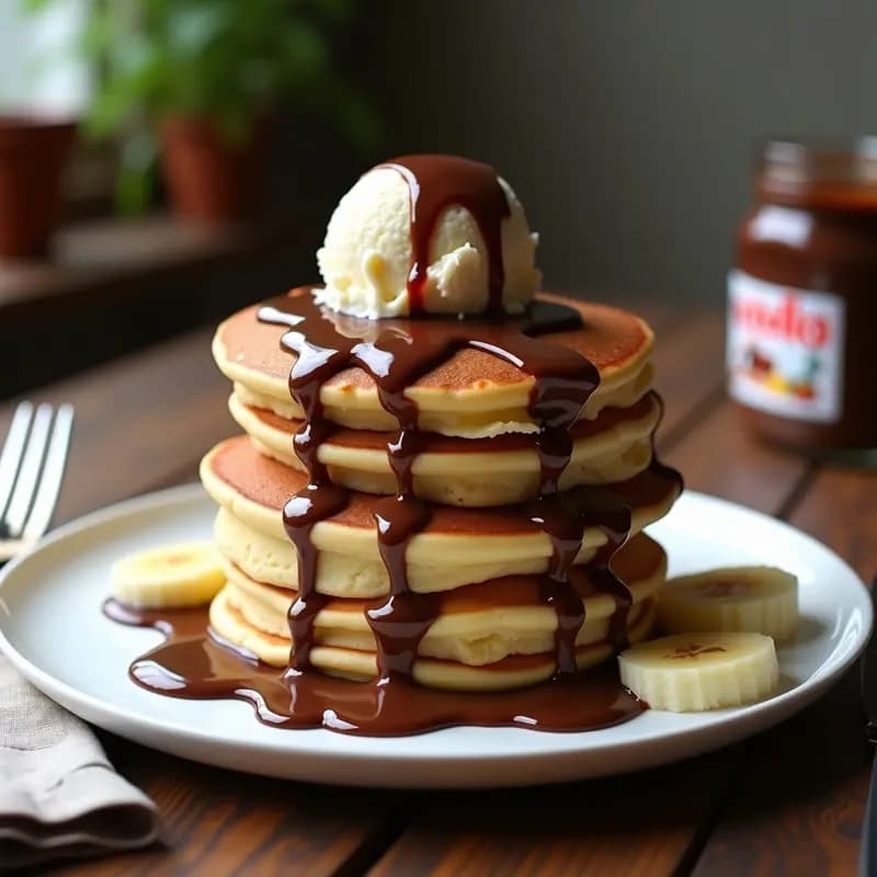 Pancakes de 3 Pisos con Crema de Nutella, Plátano y Helado de Vainilla: Desayuno de Campeones