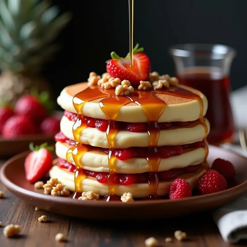 Pancakes de 3 Pisos con Capas de Queso Crema, Mermelada de Fresa y Sirope de Arce: Desayuno de Campeones