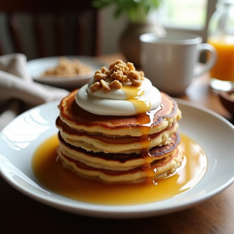 Pancakes de Avena y Puré de Calabaza con Topping de Yogur Griego: Desayuno Americano Alta en Fibra