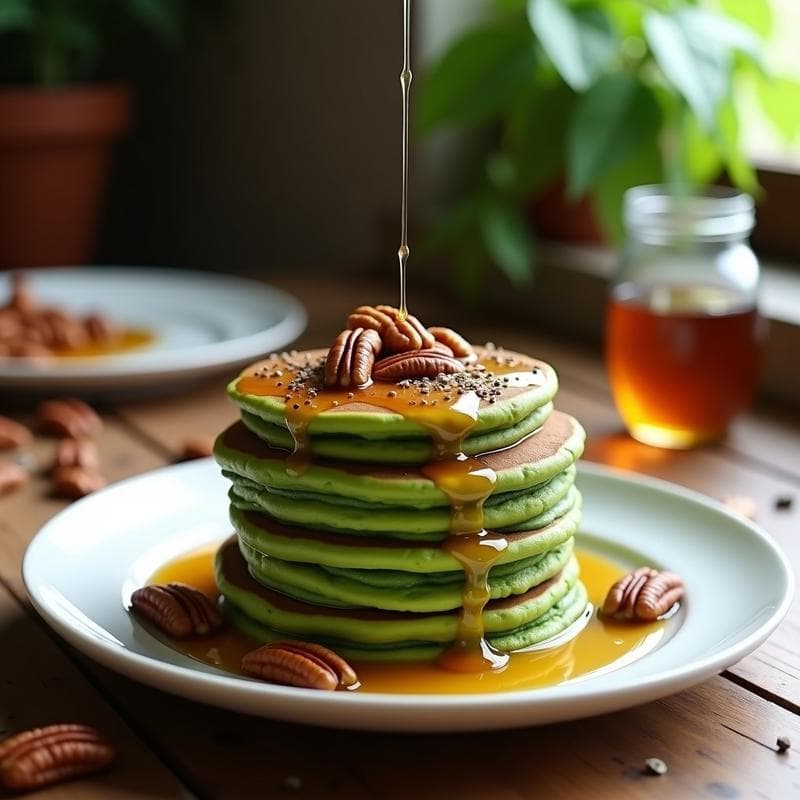 Pancakes de Avena y Espirulina con Sirope de Arce y Nueces: Desayuno Vegano y Superalimentos