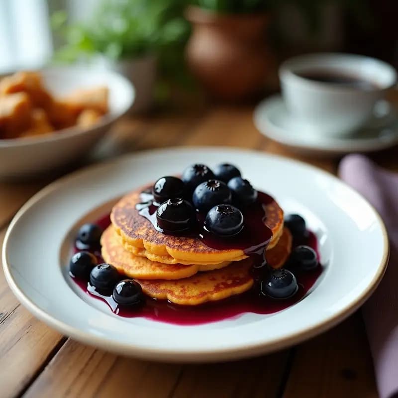 Pancakes de Batata y Coco: Desayuno Sin Gluten y Sin Azúcar con Salsa de Arándanos