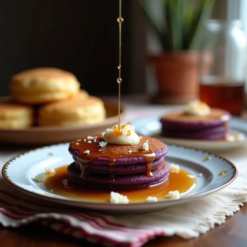 Pancakes de Batata Morada y Coco con Sirope de Arce: Desayuno Vegano y Colorido