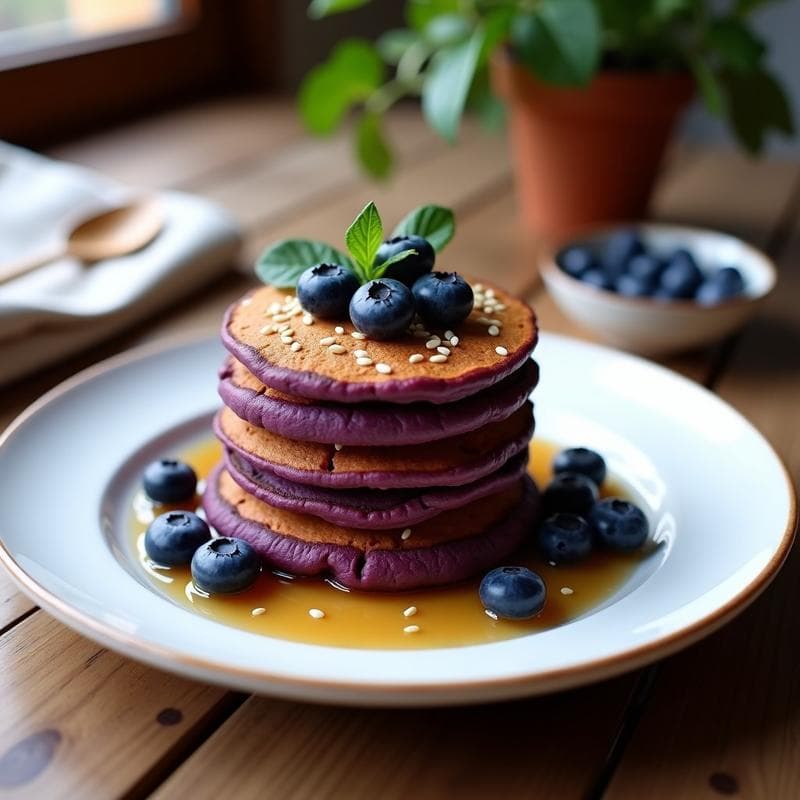 Pancakes de Batata Morada y Tahini: Desayuno Vegano sin Harina y Alto en Hierro