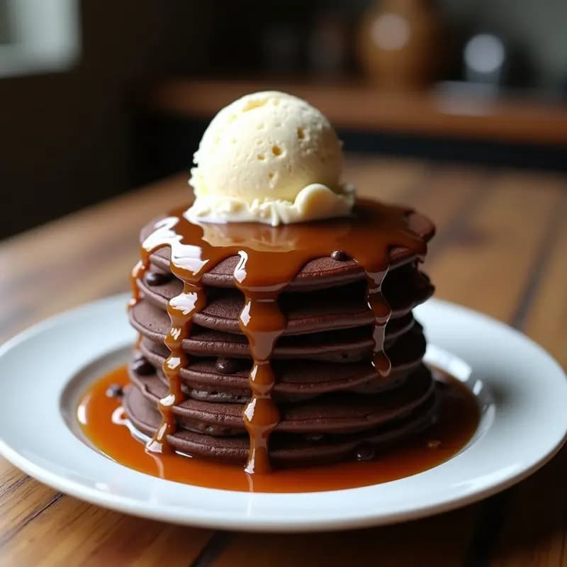 Pancakes de Chocolate con Sirope de Caramelo y Helado: Desayuno o Postre para Días de Cheat Meal