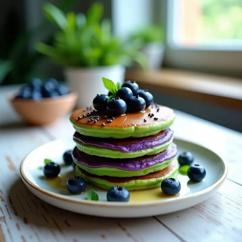 Pancakes de Espirulina y Arándanos: Desayunoverde Antioxidante en 3 Colores