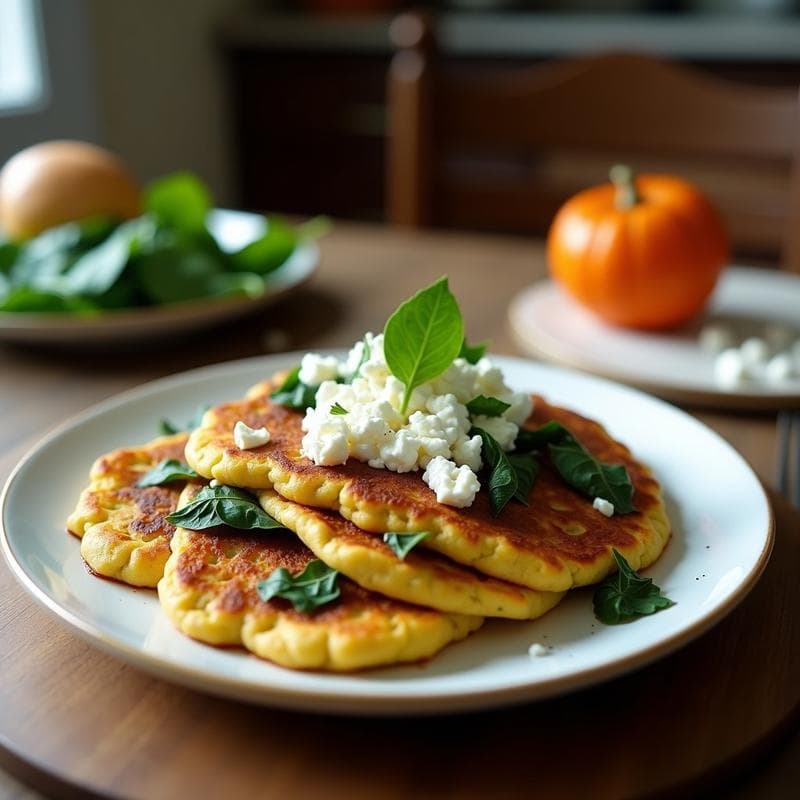 Pancakes de Harina de Garbanzo con Espinacas y Feta: Desayuno Mediterráneo Sin Harina