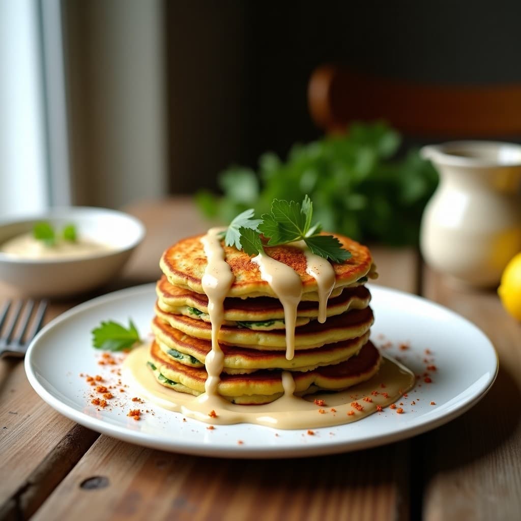 Pancakes de Garbanzo y Espinacas con Dip de Tahini: Desayuno Sin Gluten y Sin Lácteos