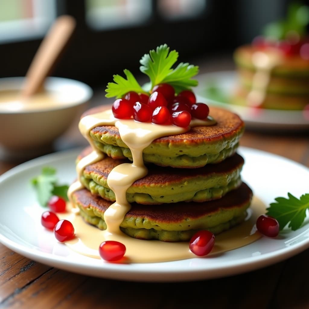 Pancakes de garbanzo y Espirulina: Desayuno Vegano en Airfryer con Salsa de Tahini y Granada