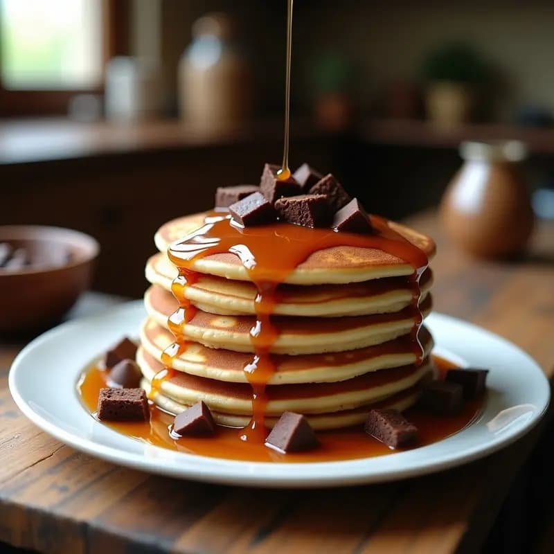 Pancakes Gigantes con Trozos de Brownies y Sirope de Arce: Desayuno que Parece Postre