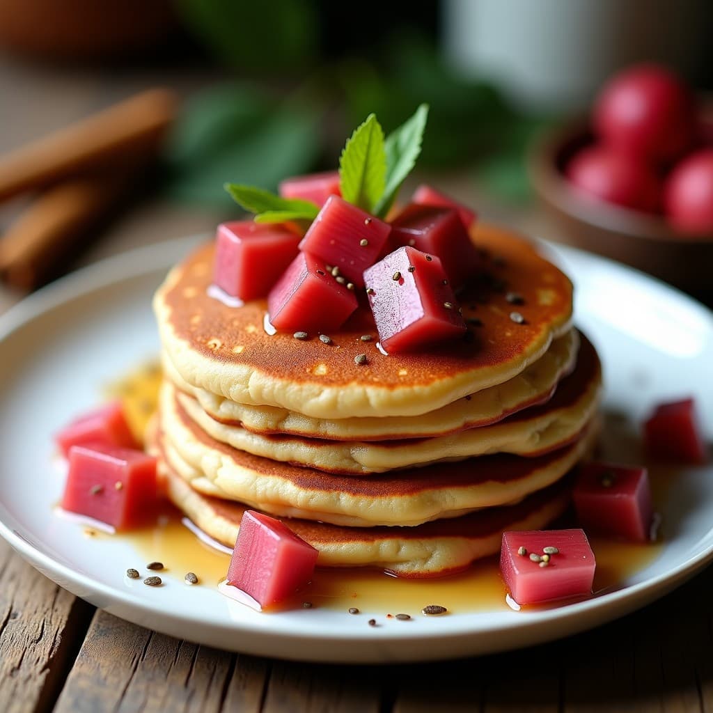 Pancakes de Harina de Almendra y Ruibarbo: Desayuno Sin Azúcar y Alto en Fibra