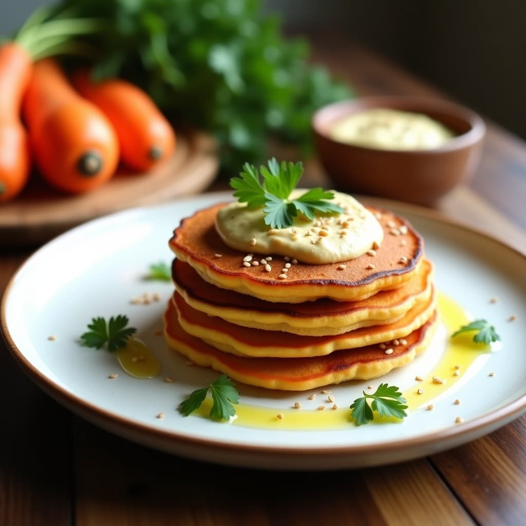 Pancakes de Harina de Guisante y Zanahoria: Desayuno Sin Gluten con Topping de Hummus