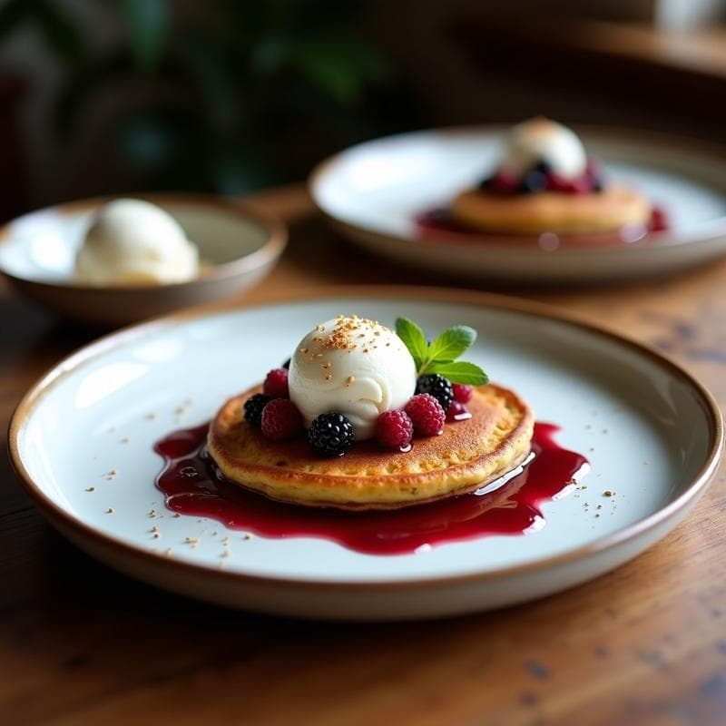 Pancakes de Harina de Lentejas con Coulis de Frutos Rojos y Helado de Coco: Desayuno Vegano Sin Azúcar