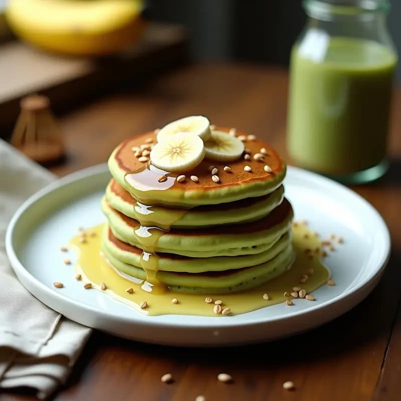 Pancakes Japoneses de Matcha y Plátano: Desayuno Verde y Sin Harina Refina