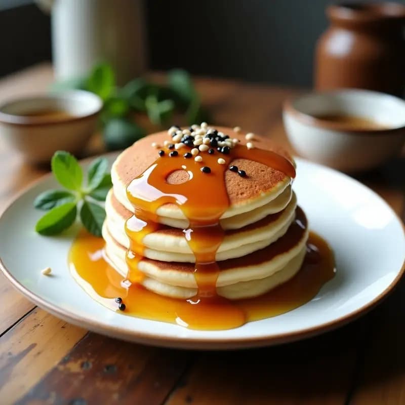 Pancakes Japoneses con Salsa de Sésamo y Miel de Maple: Desayuno Esponjoso en 15 Minutos