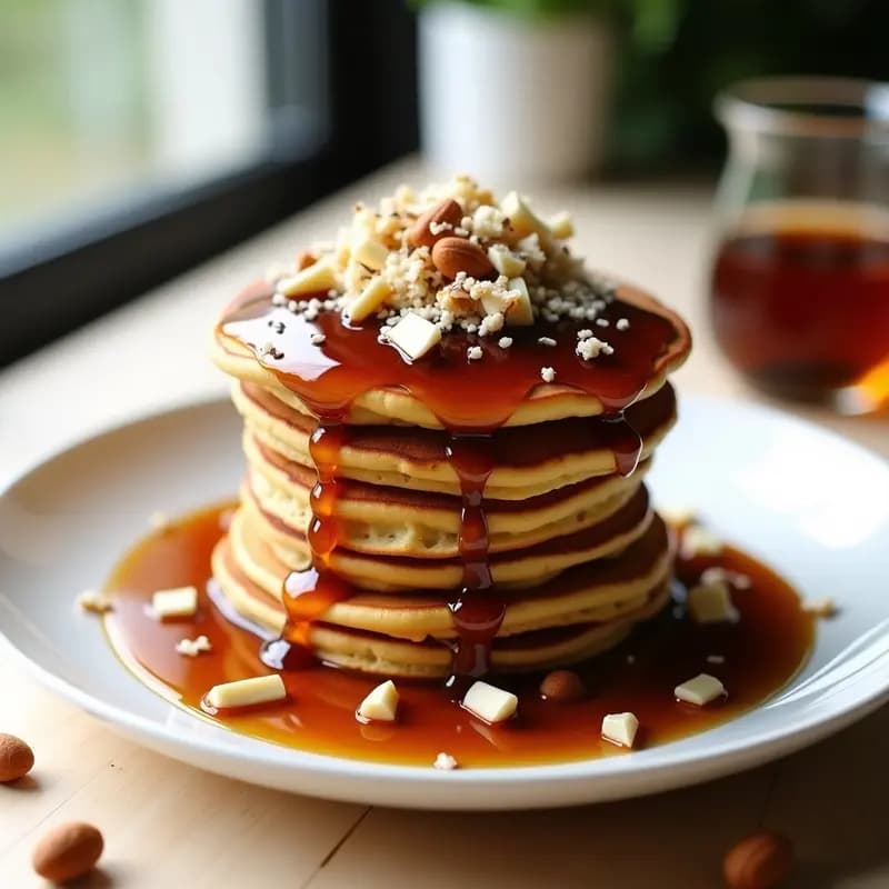Pancakes de Harina de Lentejas Rojos con Sirope de Dátil y Nueces de Macadamia