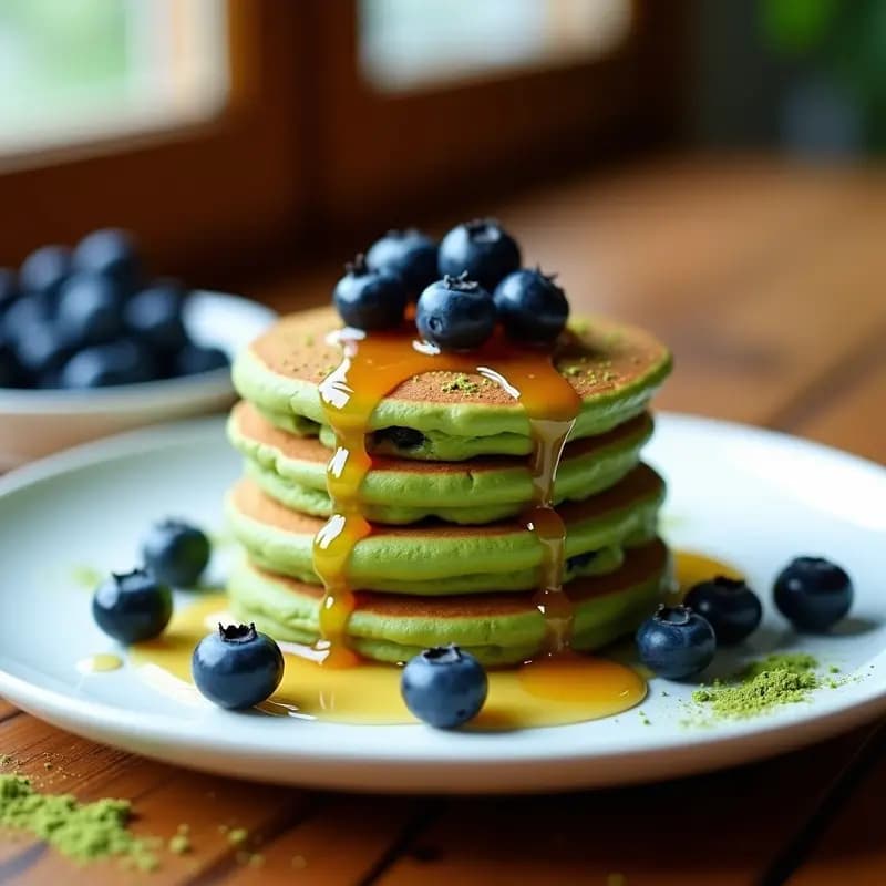 Pancakes de Matcha y Arándanos con Sirope de Arce: Desayuno Japonés-Americano Energético
