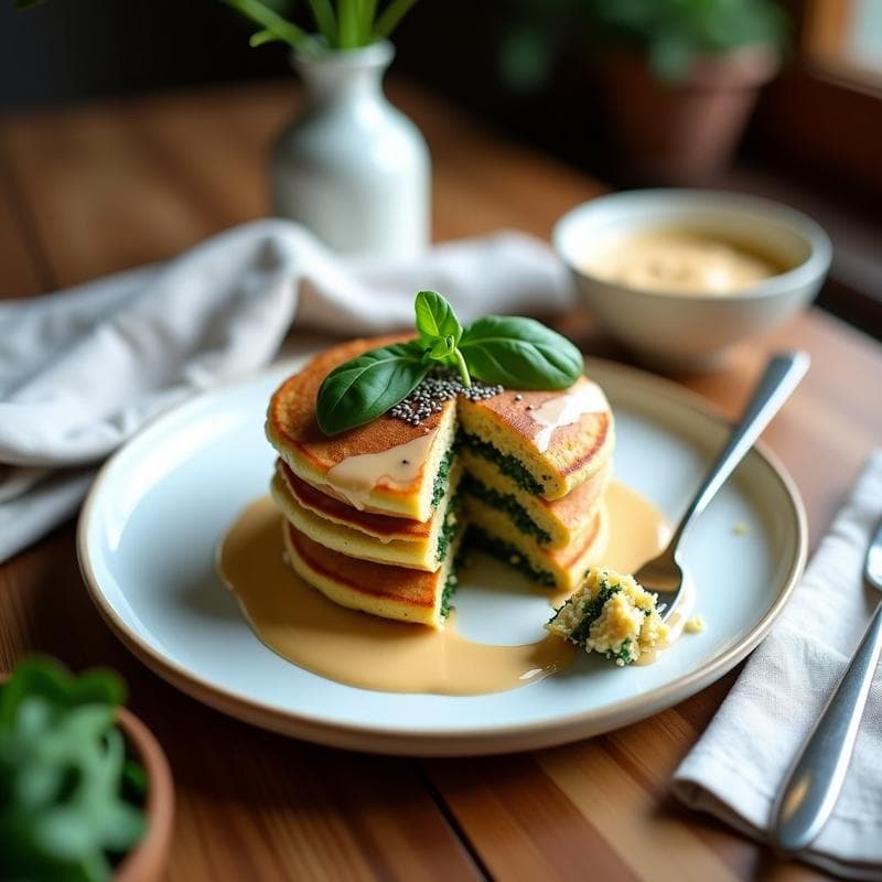 Pancakes de Quinoa y Espinacas con Salsa de Tahini: Desayuno Sin Gluten y Vegano