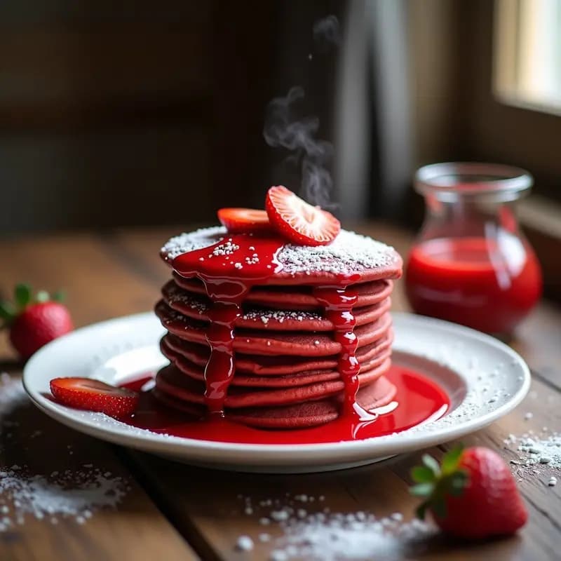 Pancakes de Red Velvet Rellenos de Crema de Queso y Cubiertos con Salsa de Fresa: Desayuno de Princesas (y Príncipes)