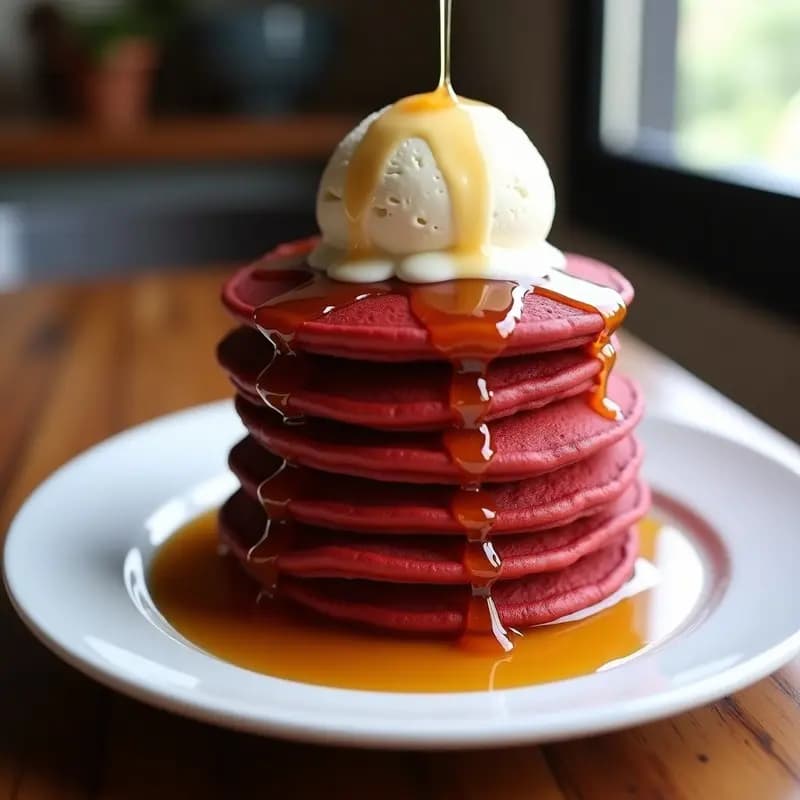 Pancakes de Red Velvet con Helado de Queso Crema y Sirope de Arce: Desayuno de lujo