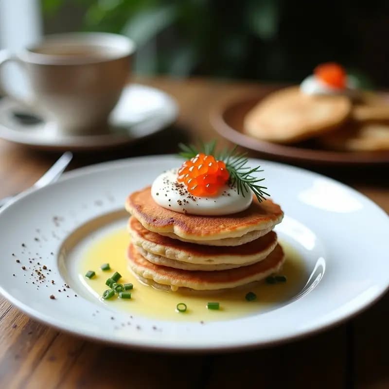 Pancakes Rusos con Caviar y Crema Fraiche: Desayuno de Lujo en 15 Minutos