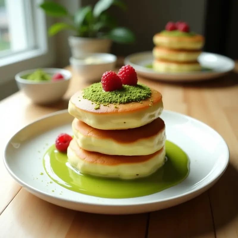Pancakes Japoneses Soufflé con Salsa de Matcha: Desayuno Esponjoso y Fotogénico