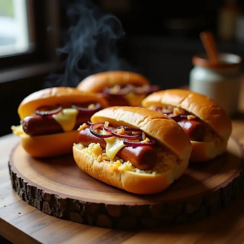 Panchos de Salchicha Alemana con Chucrut, Muesli de Mostaza y Cebolla Morada: Fusión de Sabores