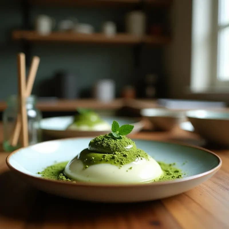 Panna Cotta de Matcha y Leche de Soja con Couli de Frambuesa: Postre Japonés Sin Lactosa