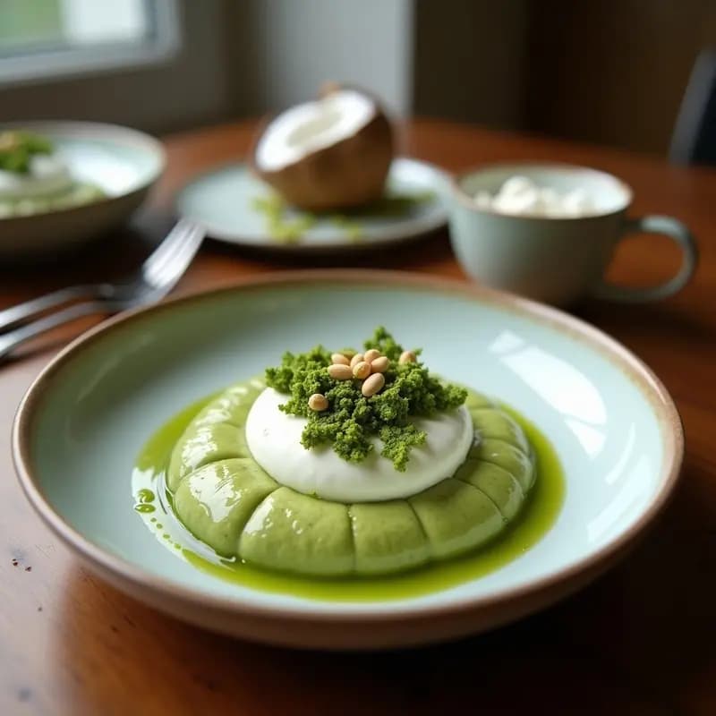 Pannecotti de Matcha y Coco con Sirope de Agave: Postre Italiano Vegano y Sin Azúcar