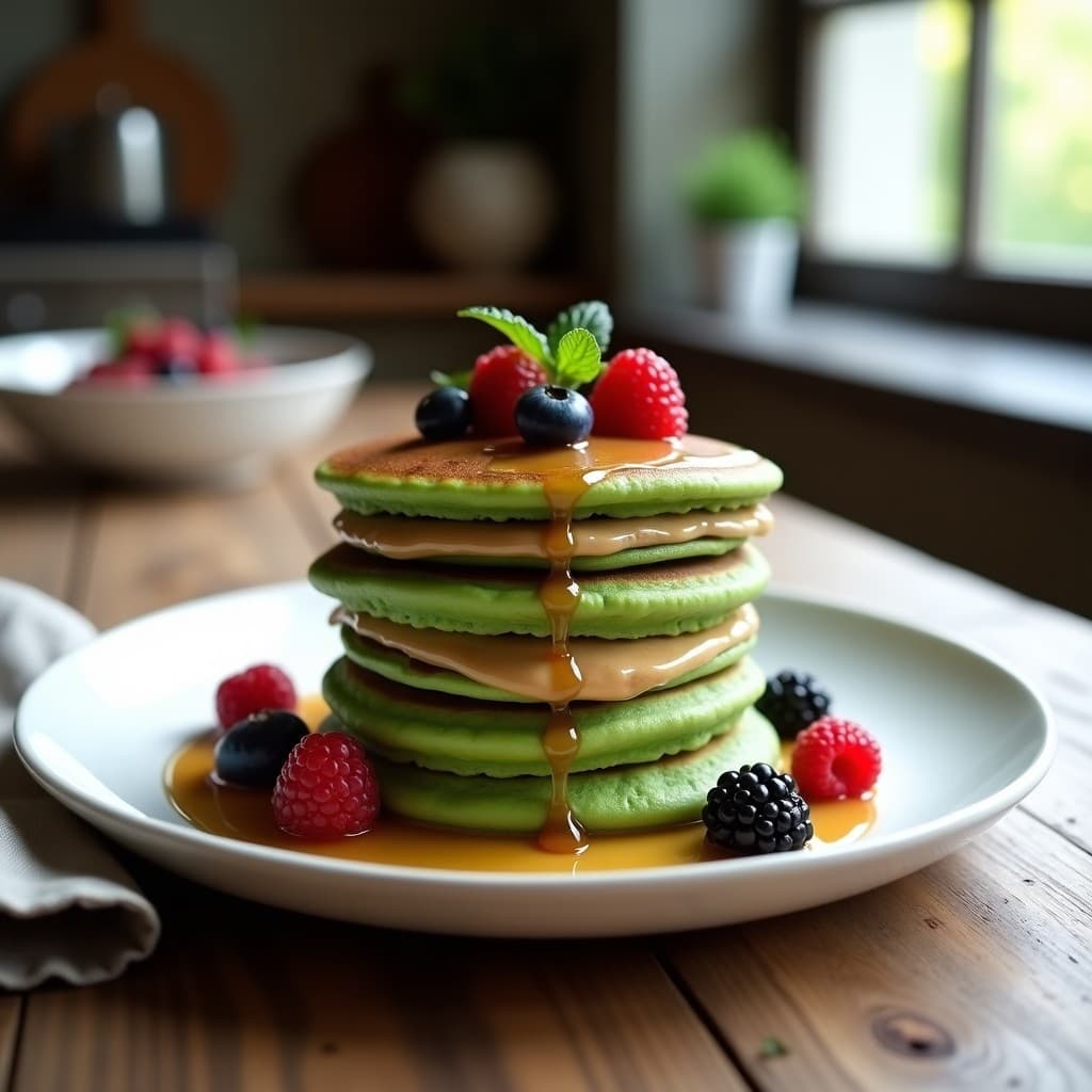Panqueques de Harina de Arroz y Espirulina con Crema de Cacahuete: Desayuno Vegano