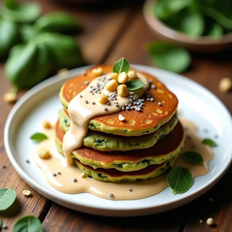 Panqueques de Avena y Espinacas con Crema de Anacardos: Desayuno Vegano y Alta en Fibra