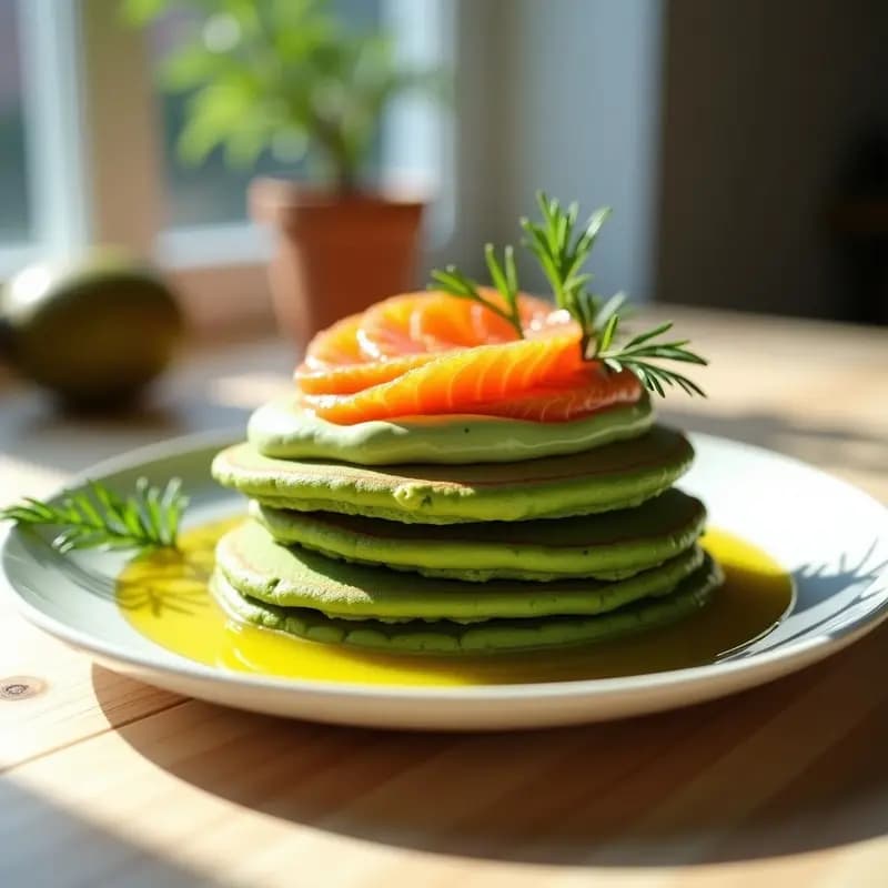 Panqueques de Avena y Espirulina con Crema de Aguacate y Huevas de Salmón: Desayuno Superfood