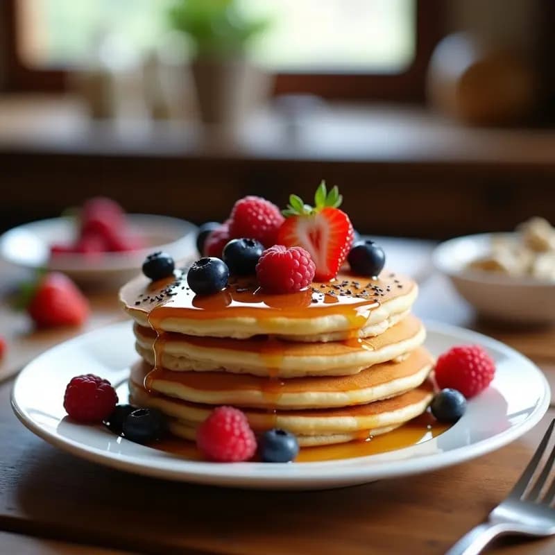 Panqueques de Avena y Proteína de Guisante con Sirope de Arce y Frutos Rojos: Desayuno Fitness