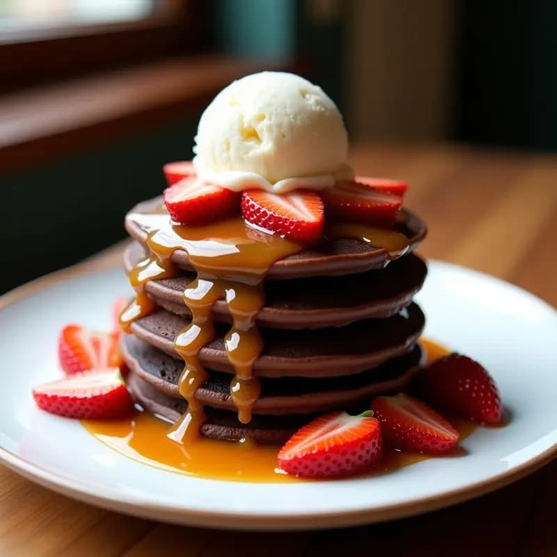 Panqueques de Chocolate con Salsa de Caramelo, Fresas y Helado de Vainilla