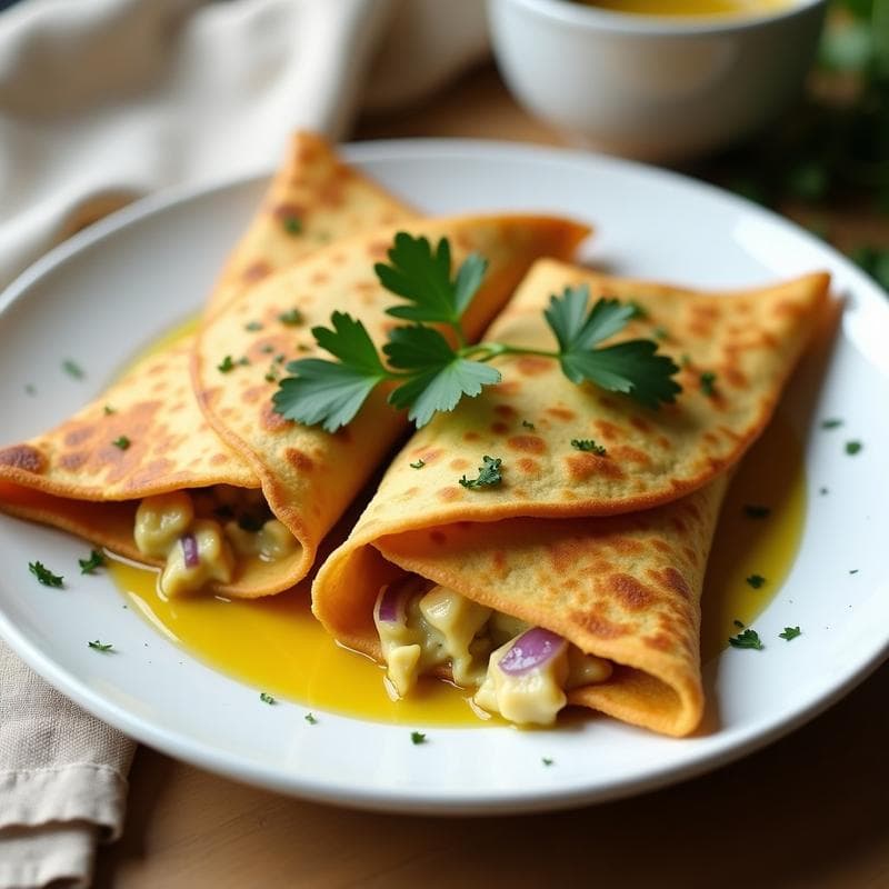 Panqueques de Harina de Garbanzo con Relleno de Pollo al Curry: Desayuno Alto en Proteínas