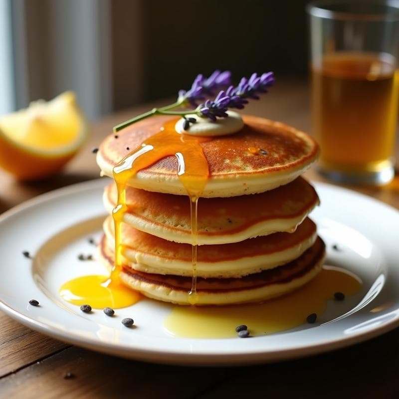 Panqueques de Harina de Cítricos y Semillas de Amapola: Desayuno Sin Gluten con Miel de Lavanda