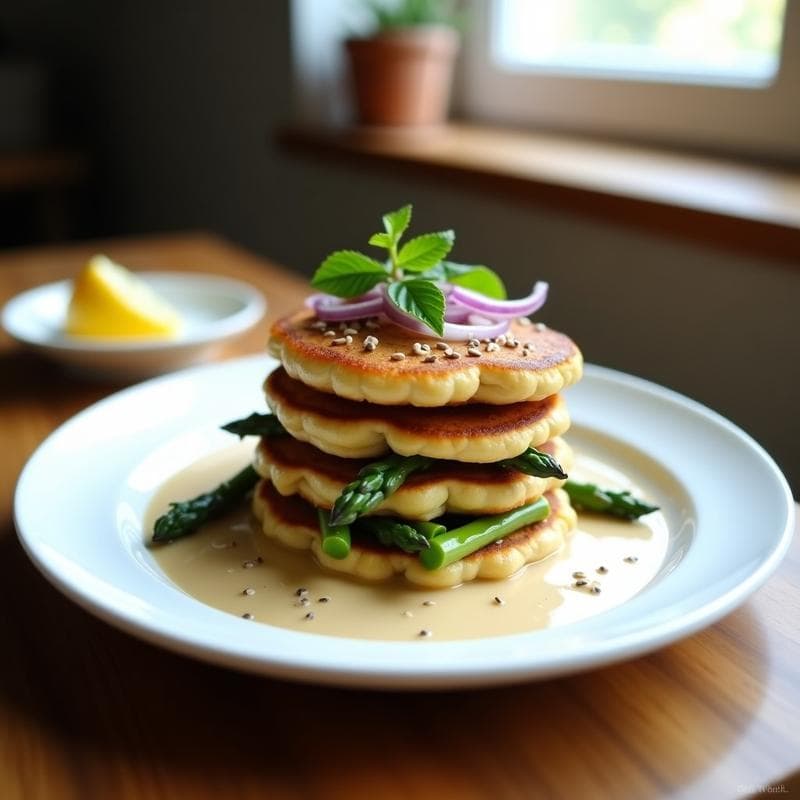 Panqueques de Harina de Garbanzo y Espárragos con Salsa de Tahini: Desayuno Vegano y Sin Harina