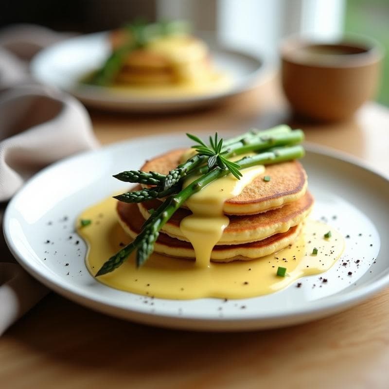 Panqueques de Harina de Guisante y Espárragos con Salsa Holandaise Sin Lácteos