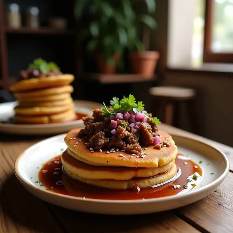 Panqueques de Harina de Lentejas con Salsa de Zahare y Pierna de Cordero: Desayuno Sirio Alto en Hierro
