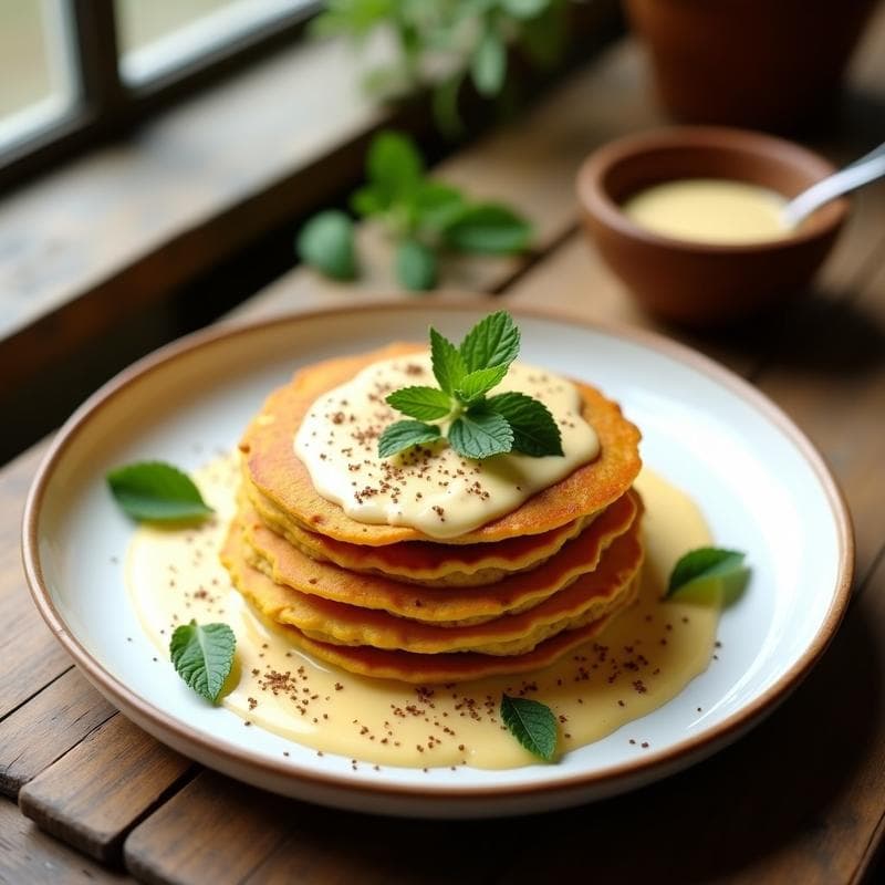 Panqueques de Harina de Teff y Cúrcuma con Salsa de Yogur de Soja: Desayuno Etíope Vegano