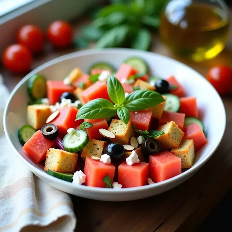 Panzanella de Sandía y Queso Feta Vegano: Ensalada Italiana Sin Gluten con Vinagreta de Albahaca